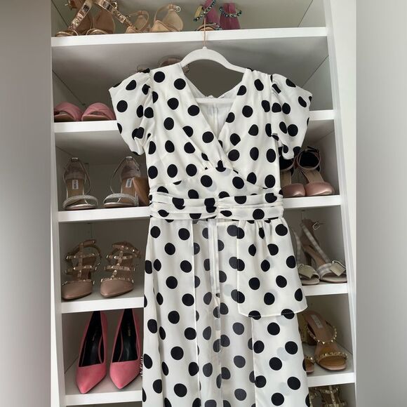 black and white polka dot puff sleeve wrap long blouse Size XS - Picture 8 of 11